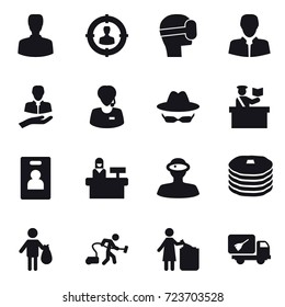 16 vector icon set : man, target audience, virtual mask, inspector, identity card, reception, trash, vacuum cleaner, garbage bin, home call cleaning