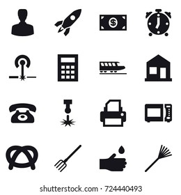 16 vector icon set : man, rocket, money, alarm clock, laser, calculator, train, home, phone, fork, hand drop, rake