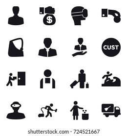 16 vector icon set : man, money gift, virtual mask, hand coin, passenger, surfer, vacuum cleaner, garbage bin, home call cleaning