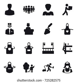 16 vector icon set : man, team, woman, courier, construction, apron, skyscapers cleaning, skyscrapers cleaning, garden cleaning, vacuum cleaner, cleaner