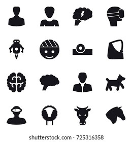 16 vector icon set : man, woman, brain, virtual mask, jet robot, dog, sheep, cow, horse