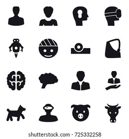 16 vector icon set : man, woman, bulb head, virtual mask, jet robot, dog, pig, cow