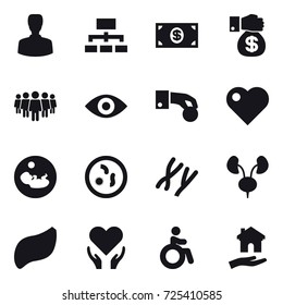 16 vector icon set : man, hierarchy, money, money gift, team, eye, hand coin, heart, invalid, housing