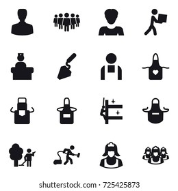 16 vector icon set : man, team, woman, courier, construction, apron, skyscrapers cleaning, garden cleaning, vacuum cleaner, cleaner, outsource