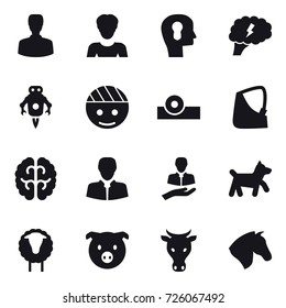 16 vector icon set : man, woman, bulb head, brain, jet robot, dog, sheep, pig, cow, horse