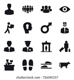 16 vector icon set : man, team, group, eye, courier, bulb head, detector, passenger, inspector, slippers, cow