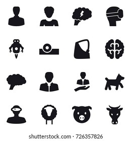 16 vector icon set : man, woman, brain, virtual mask, jet robot, dog, sheep, pig, cow