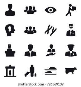 16 vector icon set : man, group, eye, courier, bulb head, detector, passenger, slippers, cow
