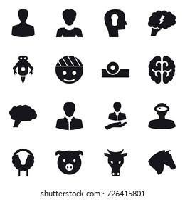 16 vector icon set : man, woman, bulb head, brain, jet robot, sheep, pig, cow, horse