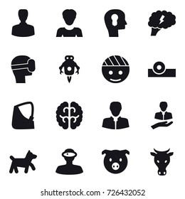 16 vector icon set : man, woman, bulb head, brain, virtual mask, jet robot, dog, pig, cow