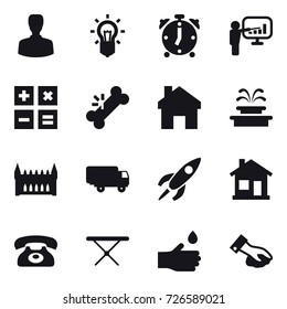 16 vector icon set : man, bulb, alarm clock, presentation, calculator, home, fountain, gothic architecture, phone, iron board, hand drop, wiping