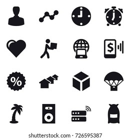 16 vector icon set : man, graph, clock, alarm clock, heart, courier, notebook globe, mobile pay, percent, houses, 3d, palm, speaker, flour