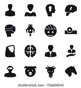 16 vector icon set : man, woman, bulb head, brain, virtual mask, jet robot, pig, cow, horse