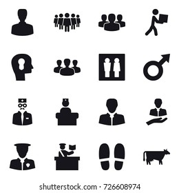 16 vector icon set : man, team, group, courier, bulb head, wc, inspector, slippers, cow