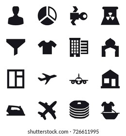 16 vector icon set : man, diagram, satellite, nuclear power, funnel, t-shirt, houses, minaret, window, home, iron, handle washing