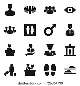 16 vector icon set : man, team, group, eye, wc, detector, passenger, inspector, slippers