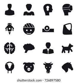 16 vector icon set : man, woman, bulb head, virtual mask, jet robot, dog, sheep, pig, cow, horse