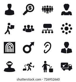 16 vector icon set : man, dollar magnifier, team, woman, courier, group, structure, round around, fingerprint, vacuum cleaner, garbage bin, home call cleaning