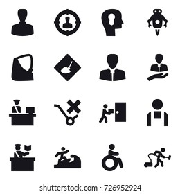16 vector icon set : man, target audience, bulb head, jet robot, under construction, inspector, surfer, invalid, vacuum cleaner