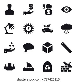16 vector icon set : man, investment, money gift, eye, table lamp, sun power, eco car, cloud wireless, chamical industry, 3d, ruler, building helmet, shark flipper, garbage bag, construct garbage