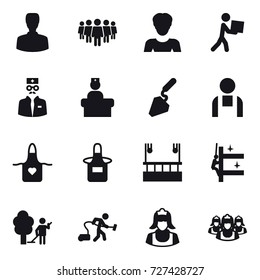 16 vector icon set : man, team, woman, courier, construction, apron, skyscapers cleaning, skyscrapers cleaning, garden cleaning, vacuum cleaner, cleaner, outsource