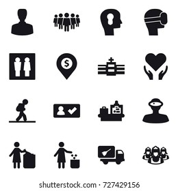 16 vector icon set : man, team, bulb head, virtual mask, wc, dollar pin, tourist, check in, baggage checking, garbage bin, home call cleaning, outsource