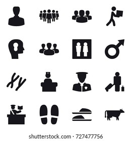 16 vector icon set : man, team, group, courier, bulb head, wc, passenger, inspector, slippers, cow