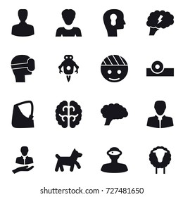 16 vector icon set : man, woman, bulb head, brain, virtual mask, jet robot, dog, sheep