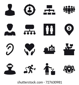 16 vector icon set : man, target audience, hierarchy, team, woman, structure, wc, dollar pin, baggage checking, inspector, vacuum cleaner, garbage bin, outsource