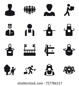 16 vector icon set : man, team, woman, courier, apron, skyscapers cleaning, skyscrapers cleaning, garden cleaning, vacuum cleaner, cleaner, outsource