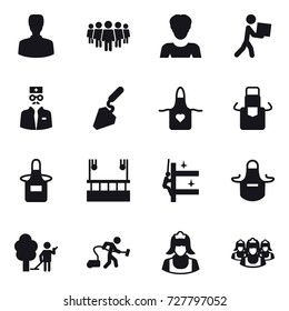 16 vector icon set : man, team, woman, courier, construction, apron, skyscapers cleaning, skyscrapers cleaning, garden cleaning, vacuum cleaner, cleaner, outsource