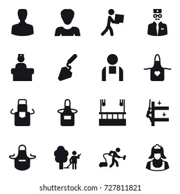 16 vector icon set : man, woman, courier, construction, apron, skyscapers cleaning, skyscrapers cleaning, garden cleaning, vacuum cleaner, cleaner