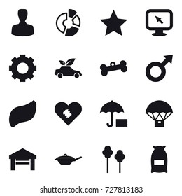 16 vector icon set : man, circle diagram, star, monitor arrow, gear, eco car, bone, garage, pan, trees, flour