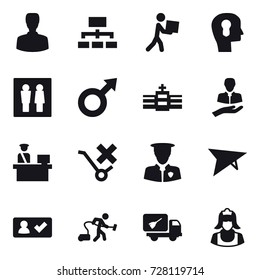 16 vector icon set : man, hierarchy, courier, bulb head, wc, deltaplane, check in, vacuum cleaner, home call cleaning, cleaner