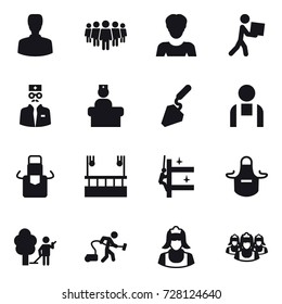 16 vector icon set : man, team, woman, courier, construction, apron, skyscapers cleaning, skyscrapers cleaning, garden cleaning, vacuum cleaner, cleaner, outsource