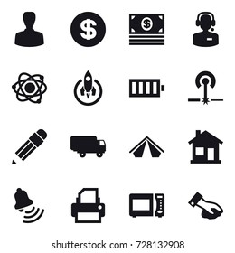 16 vector icon set : man, dollar, money, call center, atom, rocket, battery, laser, pencil, tent, home, bell, wiping