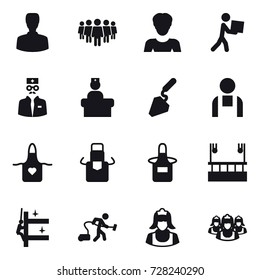 16 vector icon set : man, team, woman, courier, construction, apron, skyscapers cleaning, skyscrapers cleaning, vacuum cleaner, cleaner, outsource