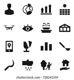 16 vector icon set : man, circle diagram, graph up, sun power, drone, fountain, greenhouse, ladle, sickle, sow, garden cleaning, housing