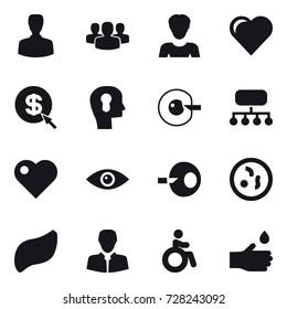 16 vector icon set : man, group, woman, heart, dollar arrow, bulb head, cell corection, structure, invalid, hand drop