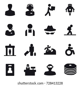 16 vector icon set : man, call center, courier, jet robot, tourist, detector, passenger, surfer, invalid, identity card, reception