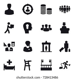 16 vector icon set : man, target audience, coin stack, team, courier, bulb head, group, architector, detector, passenger, hospital, Chair for babies, skyscapers cleaning, vacuum cleaner