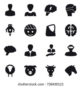 16 vector icon set : man, woman, brain, virtual mask, jet robot, sheep, pig, cow, horse