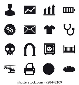 16 vector icon set : man, statistic, graph up, battery, percent, mail, t-shirt, arch, safe, crib, bread