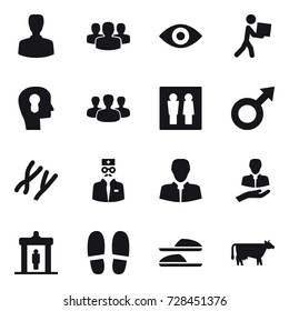 16 vector icon set : man, group, eye, courier, bulb head, wc, detector, slippers, cow