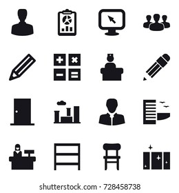 16 vector icon set : man, report, monitor arrow, group, pencil, calculator, door, city, hotel, reception, rack, chair, clean  window