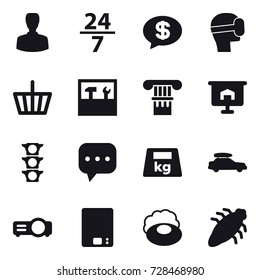 16 vector icon set : man, 24/7, money message, virtual mask, basket, tools, column, presentation, car baggage, kitchen scales, soap, bug
