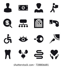 16 vector icon set : man, money, woman, courier, dollar arrow, structure, fingerprint, hand coin