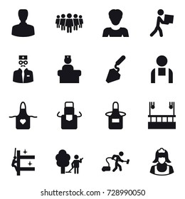 16 vector icon set : man, team, woman, courier, construction, apron, skyscapers cleaning, skyscrapers cleaning, garden cleaning, vacuum cleaner, cleaner 16 vector icon set : man, team, woman, courier, construction, apron, skyscapers cleaning, skyscrapers cleaning, garden cleaning, vacuum cleaner, cleaner