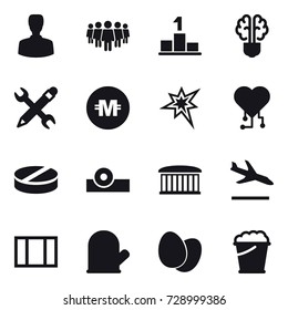 16 vector icon set : man, team, pedestal, bulb brain, pencil wrench, crypto currency, bang, cardio chip, airport building, arrival, window, cook glove, foam bucket