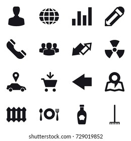 16 vector icon set : man, globe, graph, pencil, phone, group, up down arrow, nuclear, car pointer, add to cart, left arrow, map, radiator, rake
